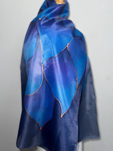 Load image into Gallery viewer, Flames Design Long Scarf in Shades of Blue Purple : Hand Painted Silk