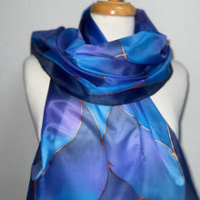 Load image into Gallery viewer, Flames Design Long Scarf in Shades of Blue Purple : Hand Painted Silk