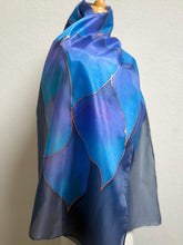 Load image into Gallery viewer, Flames Design Long Scarf in Shades of Blue Purple : Hand Painted Silk