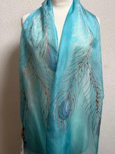 Load image into Gallery viewer, Peacock Feathers Design X Long Silk Scarf in Turquoise Blue : Hand Painted Silk