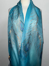 Load image into Gallery viewer, Peacock Feathers Design X Long Silk Scarf in Turquoise Blue : Hand Painted Silk