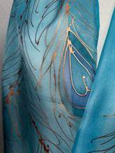 Load image into Gallery viewer, Peacock Feathers Design X Long Silk Scarf in Turquoise Blue : Hand Painted Silk