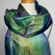 Load image into Gallery viewer, Peacock Feathers Design X Long Silk Scarf in Green Blue Copper : Hand Painted Silk