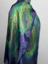 Load image into Gallery viewer, Peacock Feathers Design X Long Silk Scarf in Green Blue Copper : Hand Painted Silk