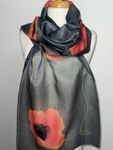Load image into Gallery viewer, Poppies Design X Long Silk Scarf Red and Black : Hand Painted Silk