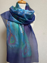 Load image into Gallery viewer, Peacock Feathers Design X Long Silk Scarf in Blues and Jade : Hand Painted Silk