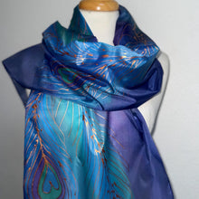 Load image into Gallery viewer, Peacock Feathers Design X Long Silk Scarf in Blues and Jade : Hand Painted Silk