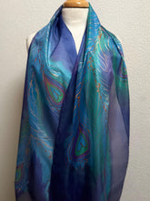 Load image into Gallery viewer, Peacock Feathers Design X Long Silk Scarf in Blues and Jade : Hand Painted Silk