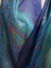 Load image into Gallery viewer, Peacock Feathers Design X Long Silk Scarf in Blues and Jade : Hand Painted Silk