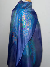 Load image into Gallery viewer, Peacock Feathers Design X Long Silk Scarf in Blues and Jade : Hand Painted Silk