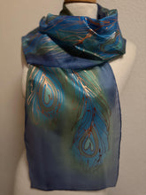 Load image into Gallery viewer, Peacock Feathers Design Hand Painted Silk Neck Scarf in Blue Green Copper