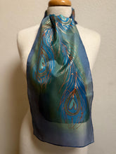 Load image into Gallery viewer, Peacock Feathers Design Hand Painted Silk Neck Scarf in Blue Green Copper