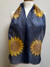 Load image into Gallery viewer, Sunflowers Design Hand Painted Silk Neck Scarf in Golden Yellow, Brown, Navy Blue, Gold Outliner