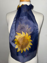Load image into Gallery viewer, Sunflowers Design Hand Painted Silk Neck Scarf in Golden Yellow, Brown, Navy Blue, Gold Outliner