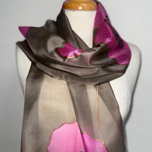Load image into Gallery viewer, Poppies Design Long Scarf : Hand Painted Silk in Coffee Pink