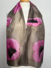 Load image into Gallery viewer, Poppies Design Long Scarf : Hand Painted Silk in Coffee Pink