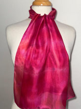 Load image into Gallery viewer, Hand Dyed Silk Neck Scarf in Cherry Red Lilac Blue by Designer Silk Artist