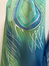 Load image into Gallery viewer, Peacock Feathers Design X Long Silk Scarf in Dark Blue : Hand Painted Silk