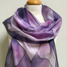 Load image into Gallery viewer, Flames Design X Long Silk Scarf in Shades of Purple Hand Painted Silk by Designer Silk