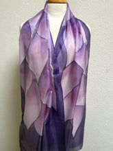 Load image into Gallery viewer, Flames Design X Long Silk Scarf in Shades of Purple Hand Painted Silk by Designer Silk