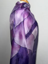 Load image into Gallery viewer, Flames Design X Long Silk Scarf in Shades of Purple Hand Painted Silk by Designer Silk