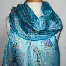 Load image into Gallery viewer, Peacock Feathers Design X Long Silk Scarf in Turquoise Blue : Hand Painted Silk