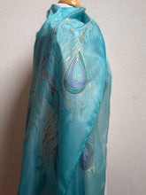 Load image into Gallery viewer, Peacock Feathers Design X Long Silk Scarf in Turquoise Blue : Hand Painted Silk