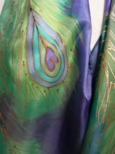 Load image into Gallery viewer, Peacock Feathers Design X Long Silk Scarf in Green Blue Copper : Hand Painted Silk