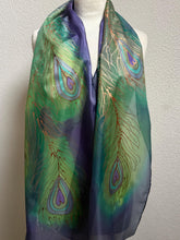Load image into Gallery viewer, Peacock Feathers Design X Long Silk Scarf in Green Blue Copper : Hand Painted Silk