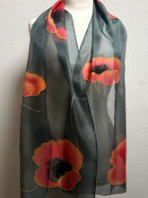 Load image into Gallery viewer, Poppies Design X Long Silk Scarf Red and Black : Hand Painted Silk