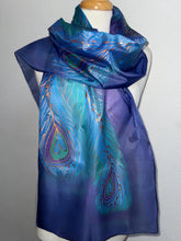 Load image into Gallery viewer, Peacock Feathers Design X Long Silk Scarf in Blues and Jade : Hand Painted Silk