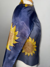Load image into Gallery viewer, Sunflowers Design Hand Painted Silk Neck Scarf in Golden Yellow, Brown, Navy Blue, Gold Outliner