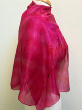 Load image into Gallery viewer, Hand Dyed Silk Neck Scarf in Cherry Red Lilac Blue by Designer Silk Artist