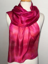 Load image into Gallery viewer, Hand Dyed Silk Neck Scarf in Cherry Red Lilac Blue by Designer Silk Artist