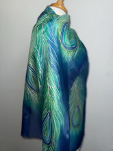 Load image into Gallery viewer, Peacock Feathers Design X Long Silk Scarf in Dark Blue : Hand Painted Silk