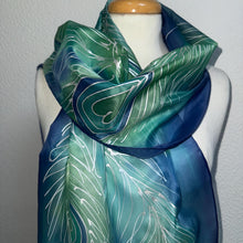 Load image into Gallery viewer, Peacock Feathers Design X Long Silk Scarf in Dark Blue : Hand Painted Silk