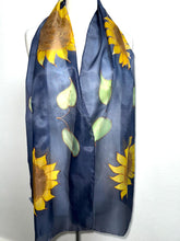 Load image into Gallery viewer, Sunflowers Design X Long Silk Scarf Navy and Yellow : Hand Painted Silk