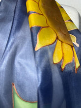 Load image into Gallery viewer, Sunflowers Design X Long Silk Scarf Navy and Yellow : Hand Painted Silk