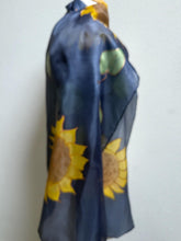 Load image into Gallery viewer, Sunflowers Design X Long Silk Scarf Navy and Yellow : Hand Painted Silk