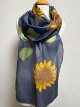 Load image into Gallery viewer, Sunflowers Design X Long Silk Scarf Navy and Yellow : Hand Painted Silk