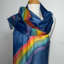 Load image into Gallery viewer, Rainbow Design X Long Silk Scarf Navy Silver : Hand Painted Silk