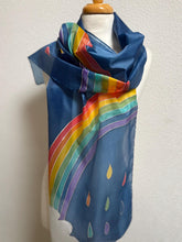 Load image into Gallery viewer, Rainbow Design X Long Silk Scarf Navy Silver : Hand Painted Silk