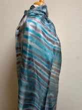 Load image into Gallery viewer, Hand Dyed Long Silk Scarf in Turquoise Grey White Stripes by Designer Silk Artist