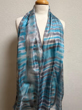 Load image into Gallery viewer, Hand Dyed Long Silk Scarf in Turquoise Grey White Stripes by Designer Silk Artist