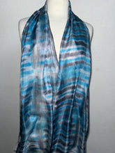 Load image into Gallery viewer, Hand Dyed Long Silk Scarf in Turquoise Grey White Stripes by Designer Silk Artist
