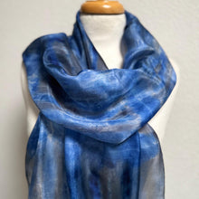 Load image into Gallery viewer, Hand Dyed Long Silk Scarf in Bluebell Grey Stripes by Designer Silk Artist