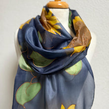 Load image into Gallery viewer, Sunflowers Design X Long Silk Scarf Navy and Yellow : Hand Painted Silk