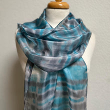 Load image into Gallery viewer, Hand Dyed Long Silk Scarf in Turquoise Grey White Stripes by Designer Silk Artist