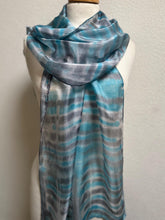 Load image into Gallery viewer, Hand Dyed Long Silk Scarf in Turquoise Grey White Stripes by Designer Silk Artist