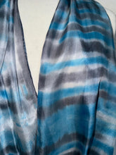 Load image into Gallery viewer, Hand Dyed Long Silk Scarf in Turquoise Grey White Stripes by Designer Silk Artist